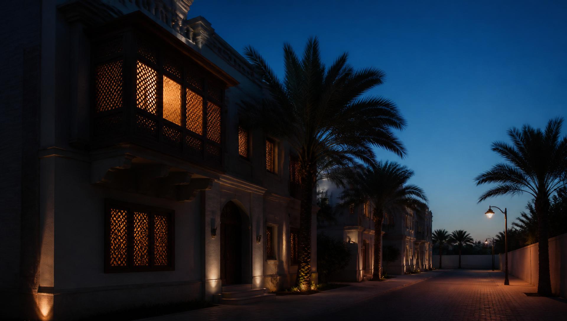 شارع سكني عند الغسق مع ضوء دافئ من المشربيات